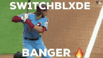 A Baseball Player Is Swinging A Bat And The Words Switchblxde Banger Are On The Bottom GIF