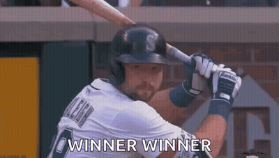 A Baseball Player Is Swinging A Bat And The Words `` Winner Winner '' Are Written On The Screen . GIF