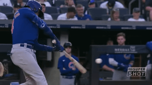 A Baseball Player Is Swinging A Bat At A Ball With A Super Shot Logo In The Background . GIF