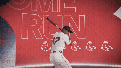 A Baseball Player Is Swinging A Bat In Front Of A Sign That Says " Come Run " GIF