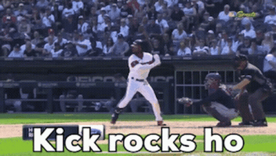 A Baseball Player Is Swinging At A Ball With The Words Kick Rocks Ho Below Him GIF