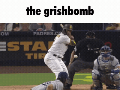 A Baseball Player Is Swinging At A Ball With The Words The Grishbomb Written Above Him GIF