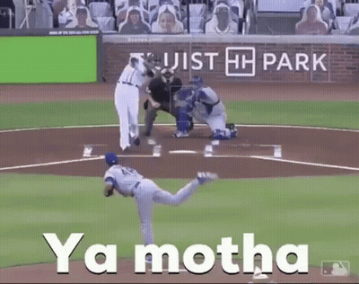 A Baseball Player Is Throwing A Ball On A Field With The Words Ya Motha Written On The Bottom . GIF