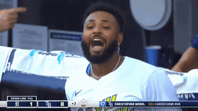 A Baseball Player Named Christopher Morel Is In The Dugout With His Mouth Open GIF
