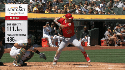 A Baseball Player Named M. Trout Swings At A Pitch GIF