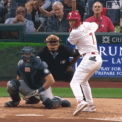 A Baseball Player Named Turner Is About To Swing At A Pitch GIF
