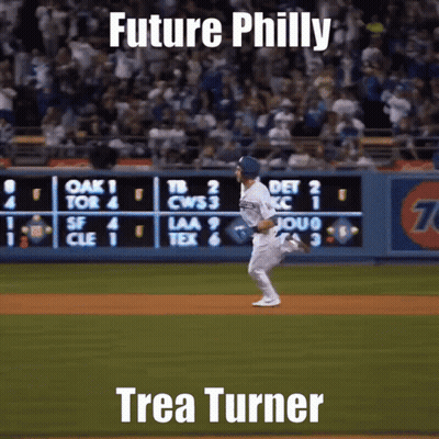 A Baseball Player Running On The Field With The Words Future Philly Trea Turner Above Him GIF