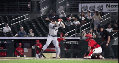 A Baseball Player Swings At A Pitch In Front Of An Advertisement For Nozz GIF
