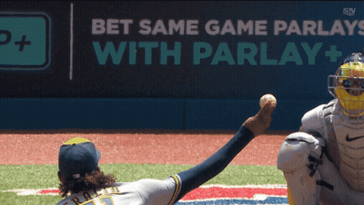 A Baseball Player Throws A Ball In Front Of A Sign That Says " Bet Same Game Parlays With Parlay + " GIF