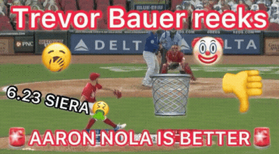 A Baseball Player Throws A Ball Into A Trash Can With The Words Trevor Bauer Reeks Aaron Nolais Better GIF