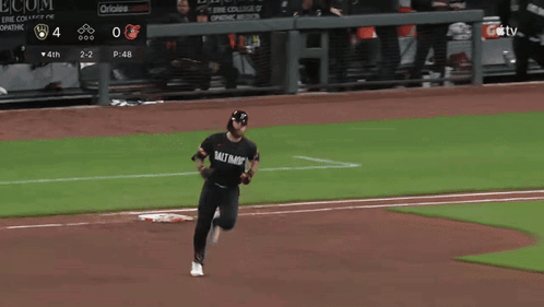 A Baseball Player Wearing A Black Shirt That Says Batting On It Is Running On The Field GIF