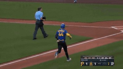 A Baseball Player Wearing A Blue Jersey With The Number 44 On It GIF