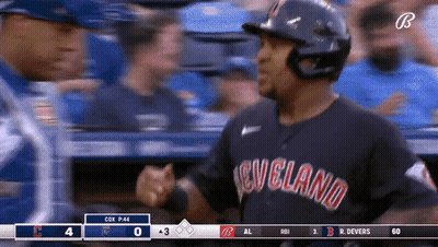 A Baseball Player Wearing A Cleveland Uniform Shakes Hands With Another Player GIF
