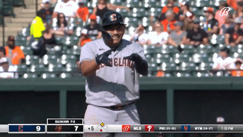 A Baseball Player Wearing A Cleveland Uniform Stands In Front Of A Scoreboard GIF