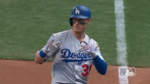 A Baseball Player Wearing A Dodgers Jersey And Number 31 Gloves GIF