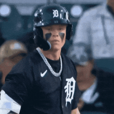 A Baseball Player Wearing A Helmet With The Letter D. On It GIF