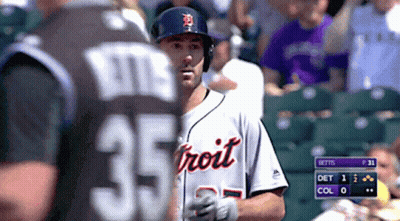 A Baseball Player Wearing A Jersey That Says Detroit GIF