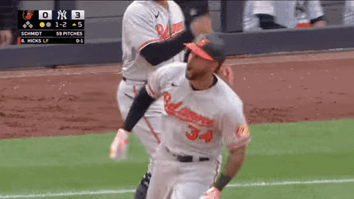 A Baseball Player Wearing A Number 34 Jersey Is Running On The Field GIF
