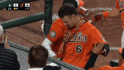 A Baseball Player Wearing A Number 6 Jersey Stands In The Dugout GIF