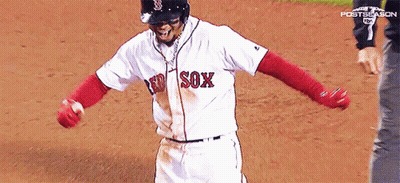 A Baseball Player Wearing A Red Sox Jersey Is Standing On The Field GIF