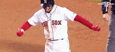 A Baseball Player Wearing A Red Sox Jersey Is Standing On The Field GIF
