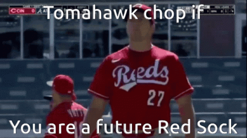 A Baseball Player Wearing A Reds Jersey Salutes The Crowd GIF