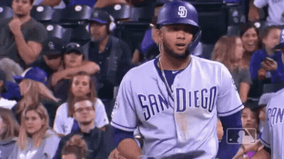 A Baseball Player Wearing A San Diego Jersey Is Standing In The Stands . GIF