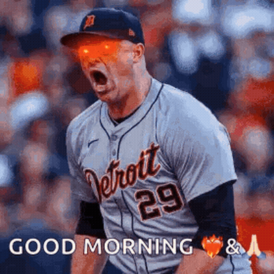A Baseball Player Wearing Sunglasses And A Detroit Jersey Is Yelling At The Camera . GIF