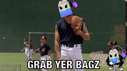 A Baseball Player With A Tea Bag On His Head And The Words Grab Yer Bagz GIF