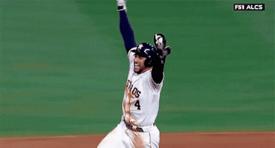 A Baseball Player With The Number 4 On His Jersey Is Celebrating GIF