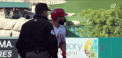 A Baseball Player With The Number 66 On His Jersey Talks To A Referee GIF