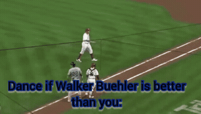 A Baseball Player With The Words Dance If Walker Buehler Is Better Than You On The Bottom GIF