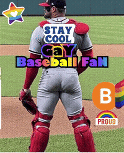A Baseball Player With The Words Stay Cool Gay Baseball Fan On The Back Of His Shirt GIF