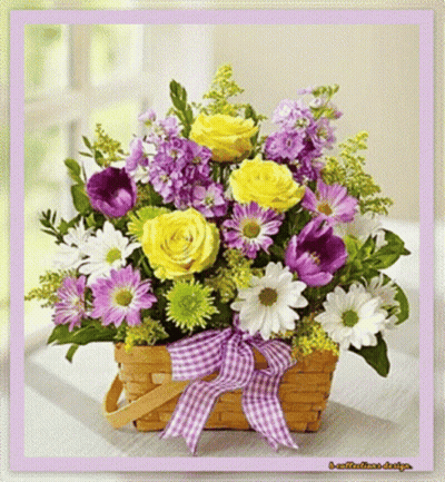 A Basket Filled With Yellow And Purple Flowers GIF