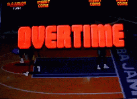 A Basketball Court With The Word Overtime On The Screen GIF
