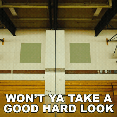 A Basketball Court With The Words " Won T Ya Take A Good Hard Look " GIF