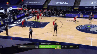 A Basketball Game Being Played Between The Raptors And The Timberwolves GIF