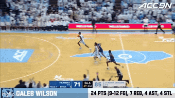 A Basketball Game Between Kansas And North Carolina With Caleb Wilson Playing For Kansas GIF