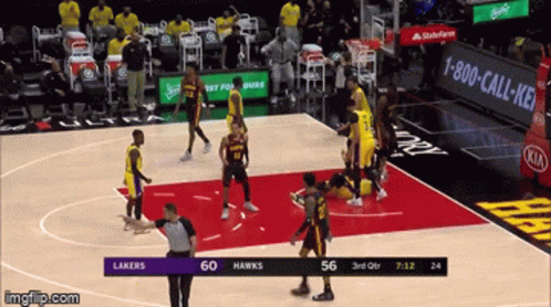 A Basketball Game Between The Lakers And Hawks GIF