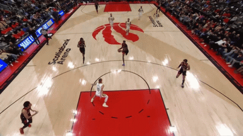 A Basketball Game Is Being Played In A Stadium That Is Sponsored By Scotiabank Arena GIF