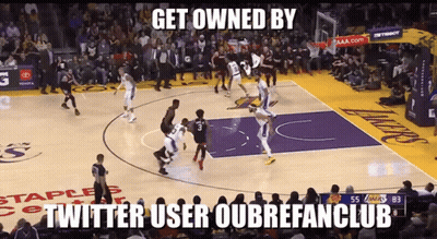 A Basketball Game Is Being Played In Front Of A Crowd And The Caption Says Get Owned By Twitter User Oubrefanclub GIF