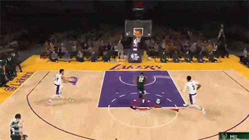 A Basketball Game Is Being Played On A Court That Says Lakers On It GIF