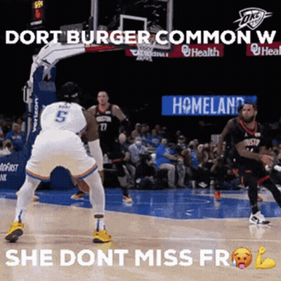 A Basketball Game Is Being Played On A Court With A Caption That Says `` Dort Burger Common W She Dont Miss From '' GIF