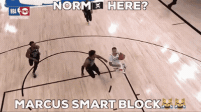 A Basketball Game Is Being Played On A Court With The Words Norm Here And Marcus Smart Block GIF