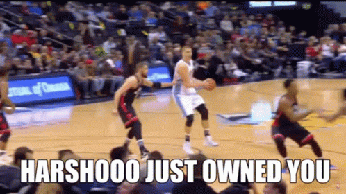 A Basketball Game Is Being Played With The Words " Harshooo Just Owned You " In The Corner GIF