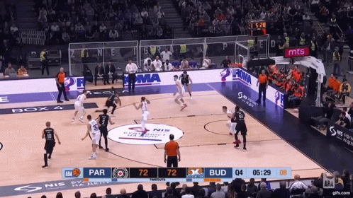 A Basketball Game Is Underway And The Scoreboard Shows That Bud Is Leading 72 To 72 GIF
