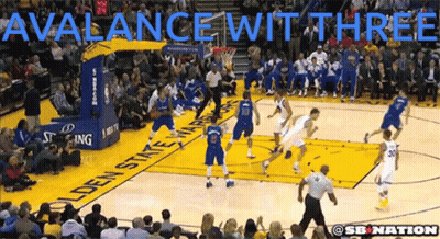 A Basketball Game With The Words Avalance Wit Three GIF