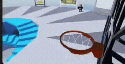 A Basketball Hoop Is In The Middle Of A Room With Stairs . GIF