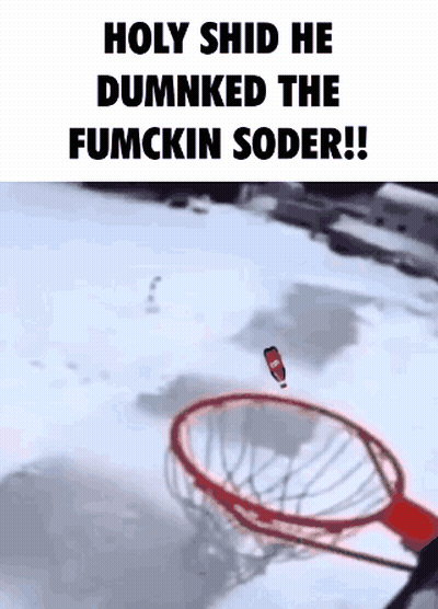 A Basketball Hoop Is In The Snow And A Bottle Of Soda Is Flying Through It . GIF