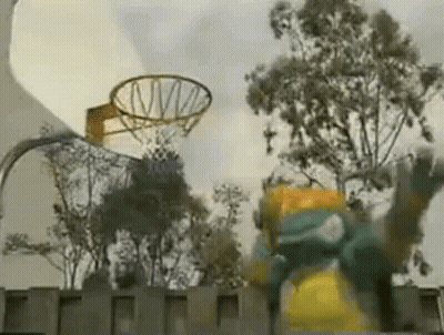 A Basketball Hoop Is Surrounded By Trees And A Person Is Jumping In The Air . GIF